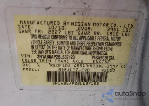 2011 Nissan Sentra 2.0 z USA, uszkodzony, nr VIN 3N1AB6AP2BL637123